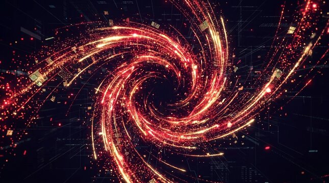 Swirling vortex of red and gold quantum particles with high-energy light in dark digital space