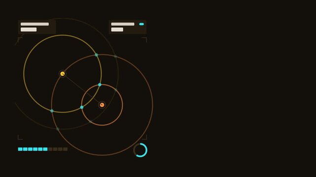 Seamless 4K looping technology animation: double ping echo with crossing wave rings. Flat vector interface with grid, rings, readout cards and blank text placeholders in yellow and gold on a dark back