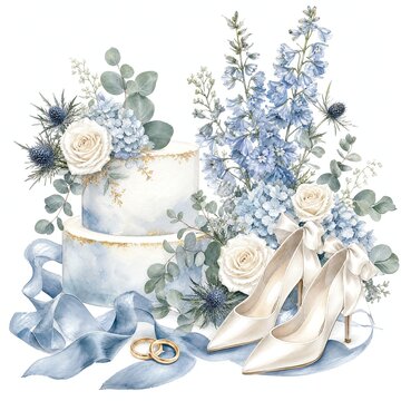 Ivory Satin Bridal Shoes with Watercolor Blue Delphiniums