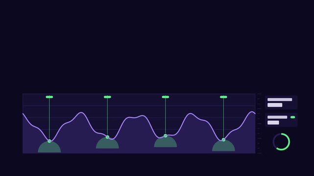 Seamless 4K looping technology animation: seabed profile scan highlighting troughs while scrolling. Flat vector interface with grid, rings, readout cards and blank text placeholders in blue and azure 
