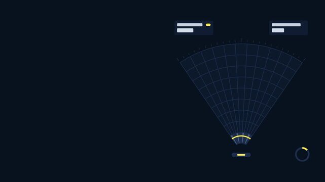 Seamless 4K looping technology animation: scanning cone wide with grid revealing outward. Flat vector interface with grid, rings, readout cards and blank text placeholders in blue and azure on a dark 