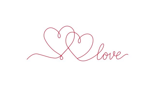 Continuous line of two intertwined hearts with love text animation for romantic wedding and Valentine's day projects