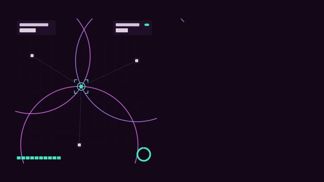 Animated triangulation position fix with converging range circles drawn as a clean sci fi interface in purple and violet on a dark background. Smooth 4K seamless loop with blank readout panels and roo