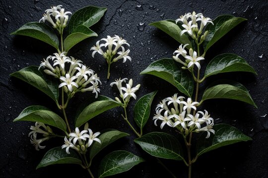 Top view of fresh white jasmine flowers with green leaves on dark wet stone surface. Cestrum nocturnum stems arranged artistically. Fragrant night blooming plant branches create organic pattern for