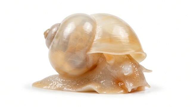 Garden snail with a translucent spiral shell crawling slowly across a clean white surface.