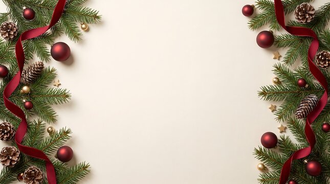 Elegant Christmas festive background featuring pine branches and red ornaments with flowing velvet ribbons arranged as a symmetrical holiday frame on a white surface