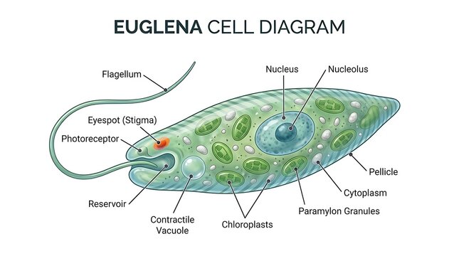 Euglena cell diagram showing flagellum nucleus chloroplasts and