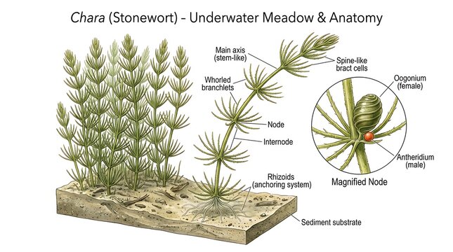 Chara stonewort underwater meadow showing plant anatomy nodes and