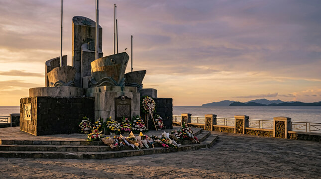 Seaside memorial monument decorated with flowers at sunset overlooking the ocean and distant islands