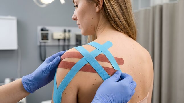 Comprehensive physical therapy treatment for shoulder pain and rehabilitation utilizing kinesiology taping for enhanced muscle support and functional recovery