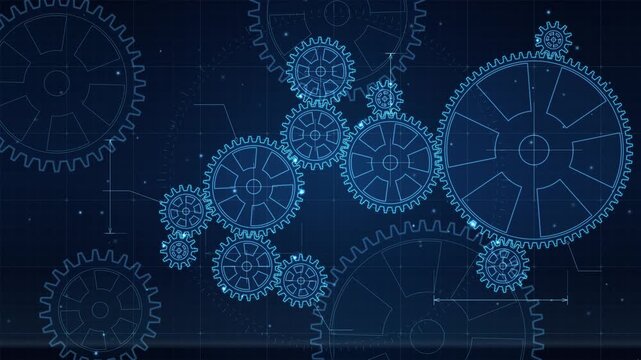 Blue mechanical gear blueprint background with technical cogs