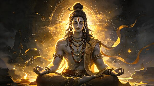 Lord Shiva Meditating in Divine Golden Aura Light