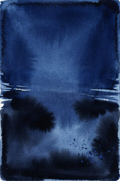 Vertical abstract watercolor painting with deep indigo and navy blue washes, featuring soft bleeding edges and dark ink splatter textures