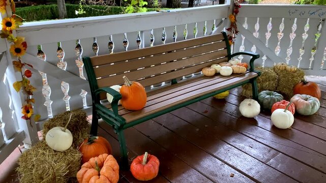 Wooden park bench on gazebo deck surrounded by various pumpkins, squashes, and autumn decorations.