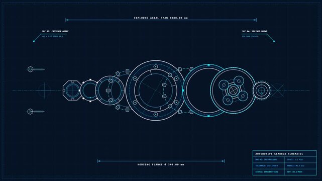 Exploded view technical blueprint animation of a mechanical gearbox schematic