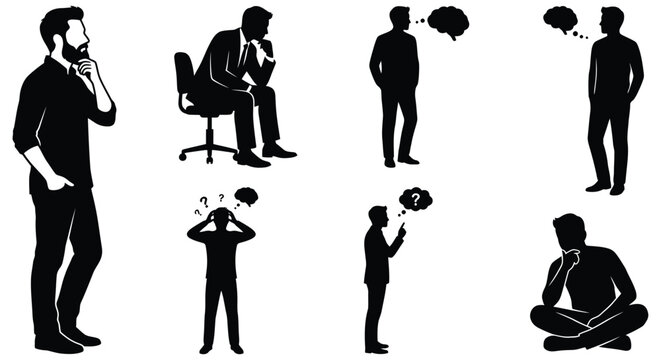 Thinking man pondering question mark thought bubble businessman vector silhouette set illustration