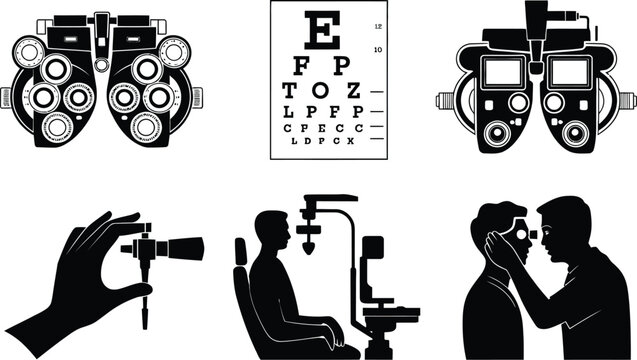 Ophthalmology examination medical equipment set including phoropter eye chart and doctor checking patient vision in black silhouette style.