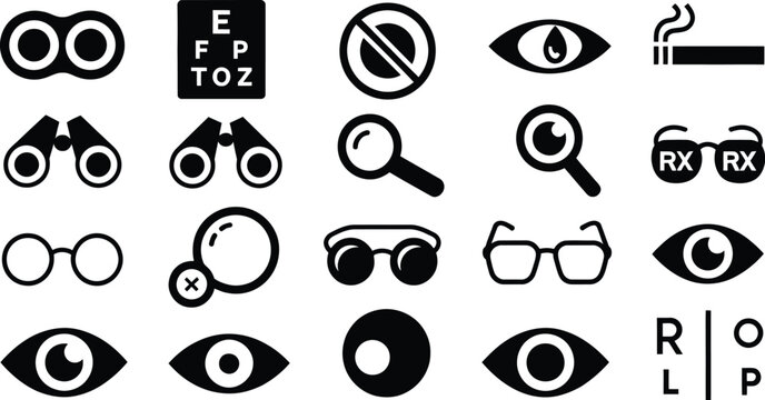 Vision testing and optical care icon set featuring eye chart spectacles magnifying glass and eye health symbols in black silhouette style.
