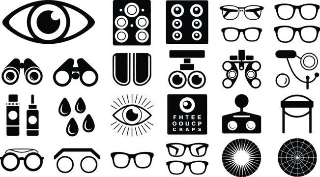Comprehensive optometry icon collection with phoropter eye chart glasses and vision care symbols designed in black silhouette style.