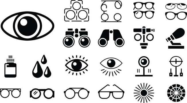 Optometry elements and vision care icons including eye drops phoropter chart and glasses silhouettes isolated on transparent background.