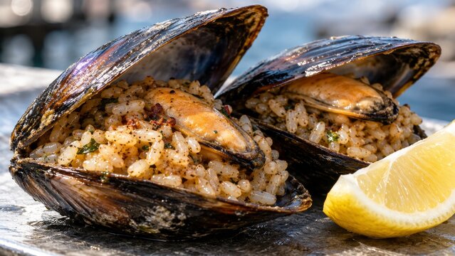 Turkish stuffed mussels with seasoned rice and lemon on a serving platter. Turkish cuisine and seafood street food. Traditional appetizer, coastal dining and Mediterranean food culture.