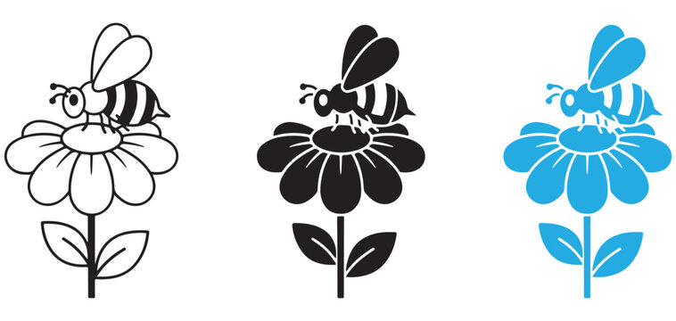Bee sitting on blooming daisy flower line and glyph vector icon set for nature environmental spring summer garden project design vector Illustrator Eps 10