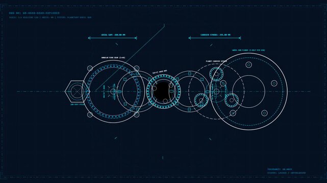 Blue technical CAD blueprint animation showing a mechanical gear system expanding into an exploded view with dimensional measurements