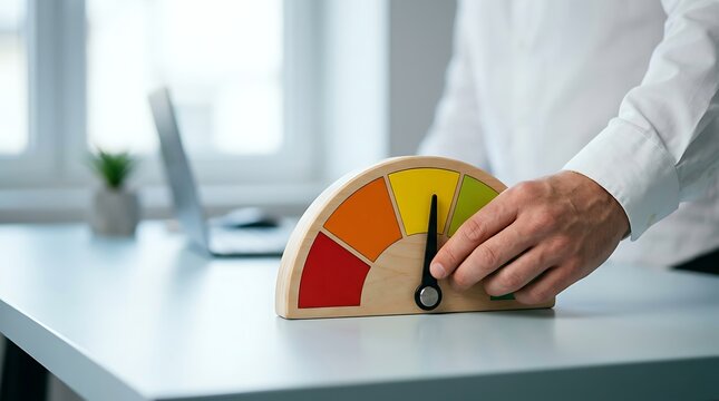 Credit score gauge with colorful scale on office desk, businessman adjusting wooden performance meter for risk assessment, financial rating and customer satisfaction concept