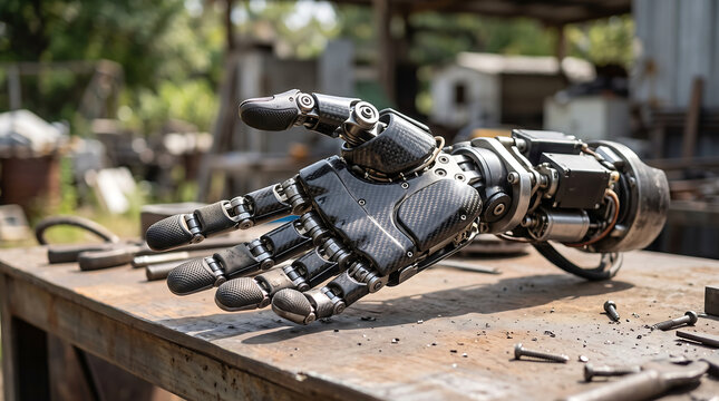 A highly detailed black mechanical robotic hand with articulated fingers resting on a weathered metal workbench in a softly blurred outdoor workshop setting