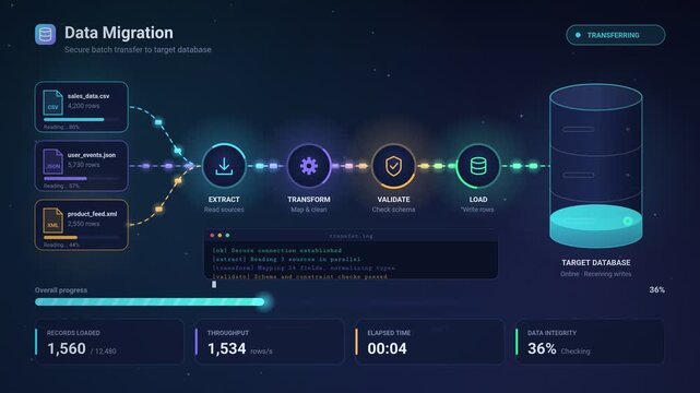 Data Migration Process with ETL Pipeline and Database Transfer Animation. Professional 2D motion graphics animation illustrating a data migration workflow 