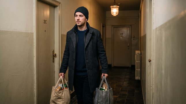 Man carrying groceries in a hallway, returning home
