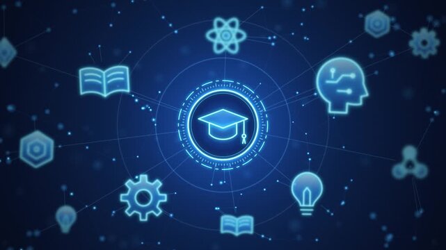 Digital education and elearning concept with glowing graduation cap icon and technology network