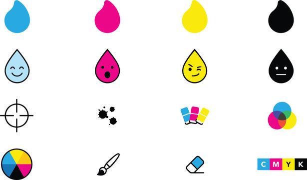 CMYK Printing Process Icon Set Featuring Cute Color Drops, Registration Marks, Color Wheels, and Design Tools for Graphic Industry Projects