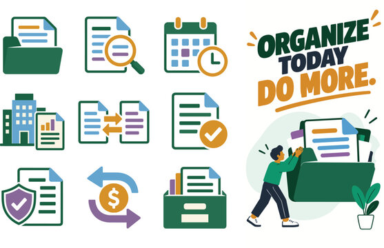 Business Document Management and Financial Organization Vector Icon Set