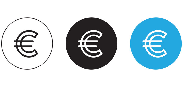 Euro currency symbol inside circle frame set available in outline and filled versions for financial apps banking and ecommerce transaction