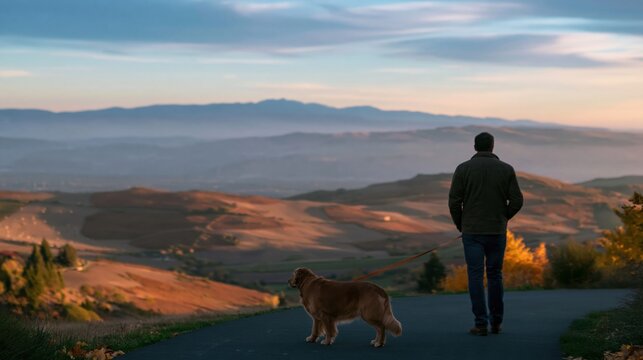 Man walking golden retriever on a country path in autumn, featuring a misty valley view and soft light for countryside lifestyle content