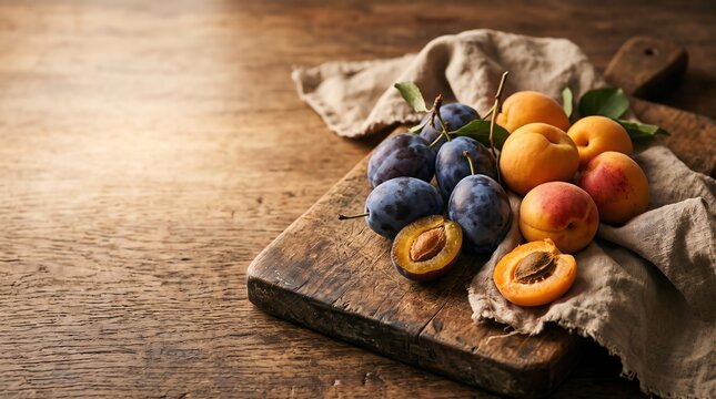 fresh plums and apricots with halved fruits on rustic wooden cutting board copy space