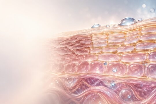 Skin barrier cutaway with corneocytes and intercellular lipids in brick and mortar structure