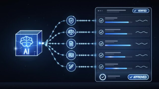 Futuristic AI system verifying data security legal compliance and document authenticity with glowing digital interface