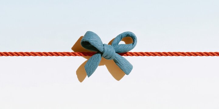 String tied in a bow made of textured paper cord, featuring a teal knot on an orange line for eco packaging design and copy space