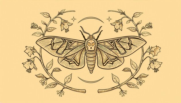 Symmetrical celestial hawk moth with belladonna nightshade line art