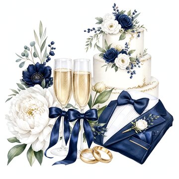 Watercolor Champagne Glasses with Navy Satin Bows and Peony