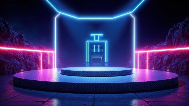 Futuristic stage design. Neon lights illuminate circular platform, geometric structure. Dark cavern walls provide dramatic backdrop. Minimalist aesthetic.