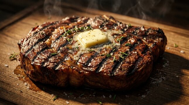 Nutritious organic Juicy grilled steak close-up garnished with fresh antioxidant berries and seeds for healthy wellness nutrition