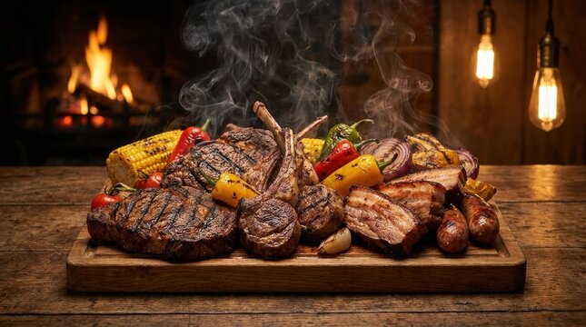 Contemporary graphic visual art showcasing Mixed grill platter smoke rising designed for commercial marketing backdrop