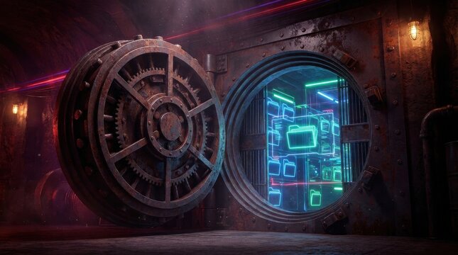 Minimalist optical Metallic vault door protecting d refracting vivid spectrum light rays across clean studio podium
