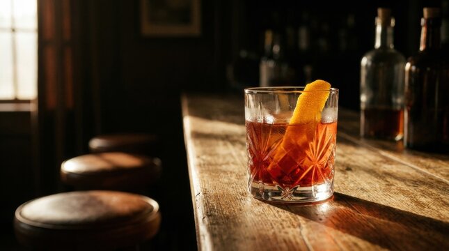 Minimalist optical Negroni with orange twist refracting vivid spectrum light rays across clean studio podium
