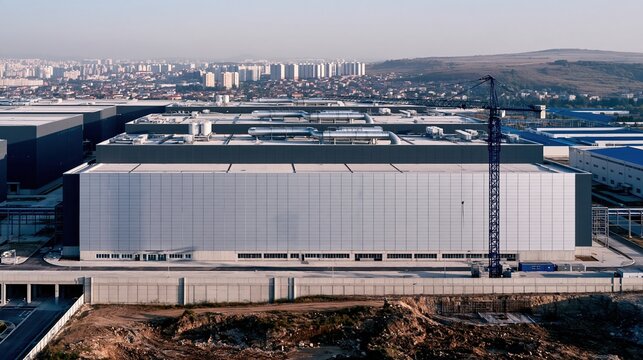 Semiconductor manufacturing fab with metallic facades and rooftop vents, a massive industrial complex in a hazy city for chip industry news