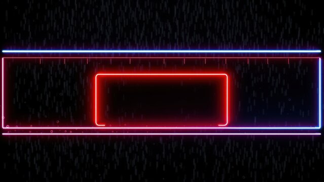 Neon rectangles glow against dark background. Blue outer frame surrounds red inner rectangle. Digital aesthetic, vibrant colors present.
