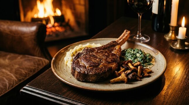 Contemporary graphic visual art showcasing Steakhouse plate with sides designed for commercial marketing backdrop